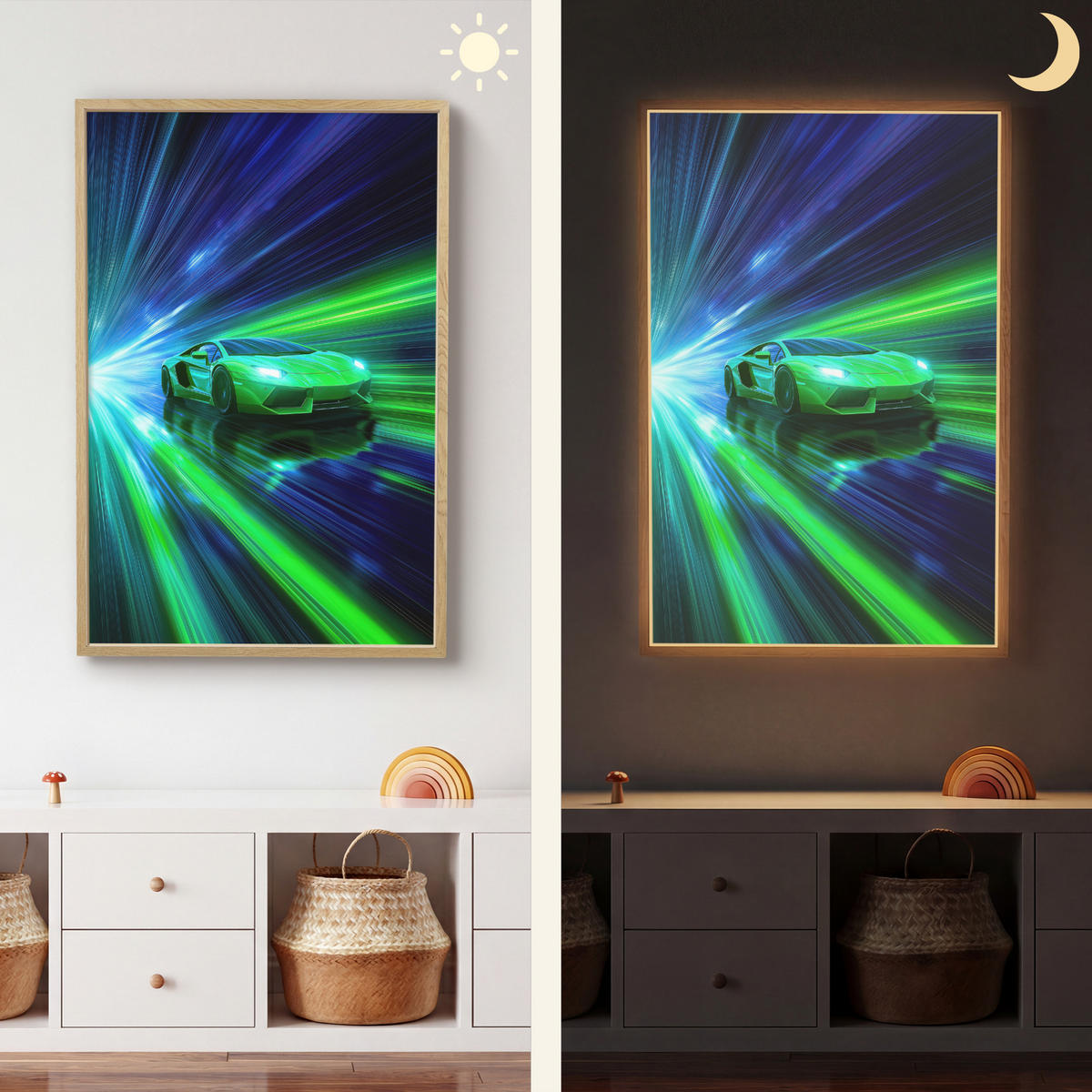 NÁSTĚNNÁ LAMPA S AKUMULÁTOREM Rychlost - Lehké - Sportovní vůz - Zelená 60x90 cm - zelená barva, kompozitní dřevo (60/90/8cm) - OnlyWow