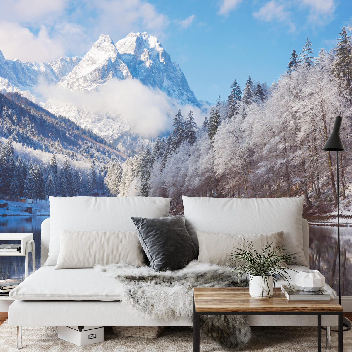 FOTOTAPETE für Wohnzimmer Winterberglandschaft See Nadelwald Schnee 300x210 - Blau/Braun, Papier (300/210cm) - Muralo