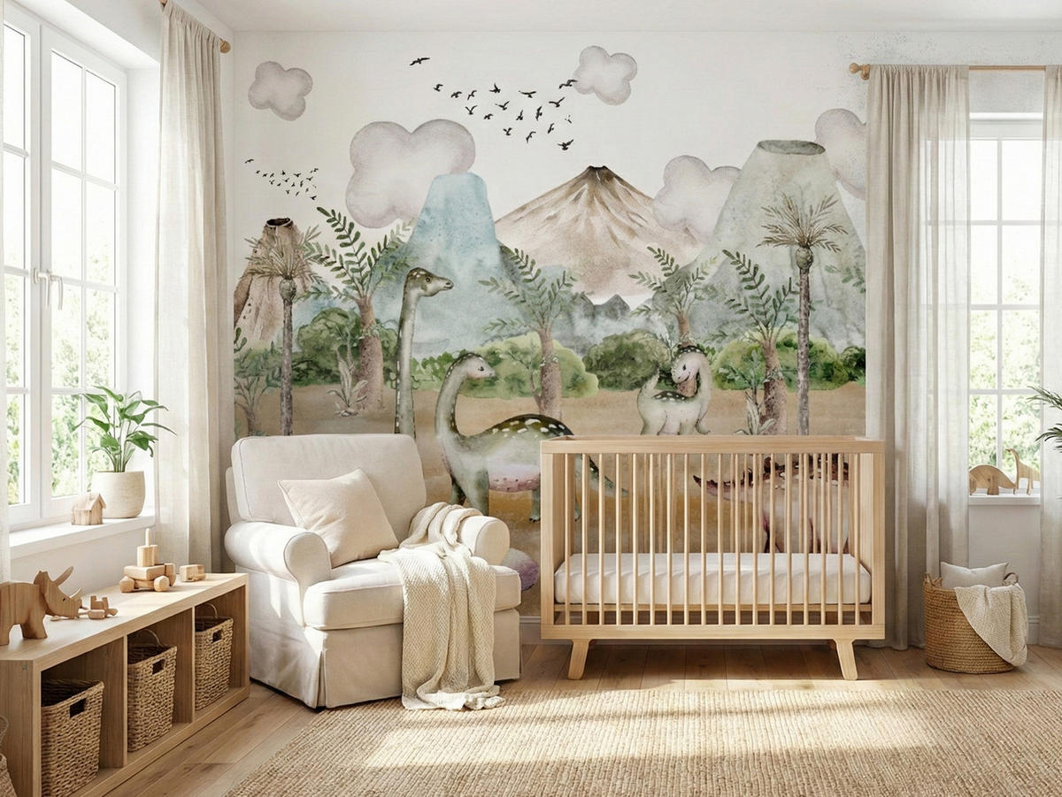 FOTOTAPETE für Kinderzimmer Dinosaurier Welt Vulkane Aquarell Tropische Bäume 350x256 - Blau/Beige, Papier (350/256cm) - Muralo