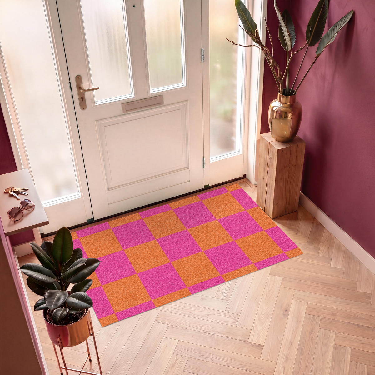 FUSSMATTE Schachbrettmuster - Orange - Rosa - Blöcke Schmutzfangmatte 150x90 cm - Pink, Kunststoff (150/90cm) - MuchoWow