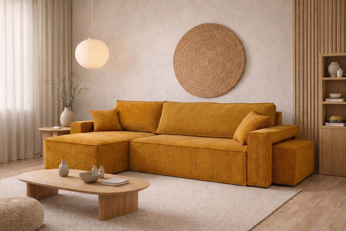 ECKSOFA Mit Schlaffunktion Und Pouf, Cordstoff Poso, Senffarbe, Links, Best L Mit Pouf - Gelb, Holz (244/145cm) - Kaiser Möbel