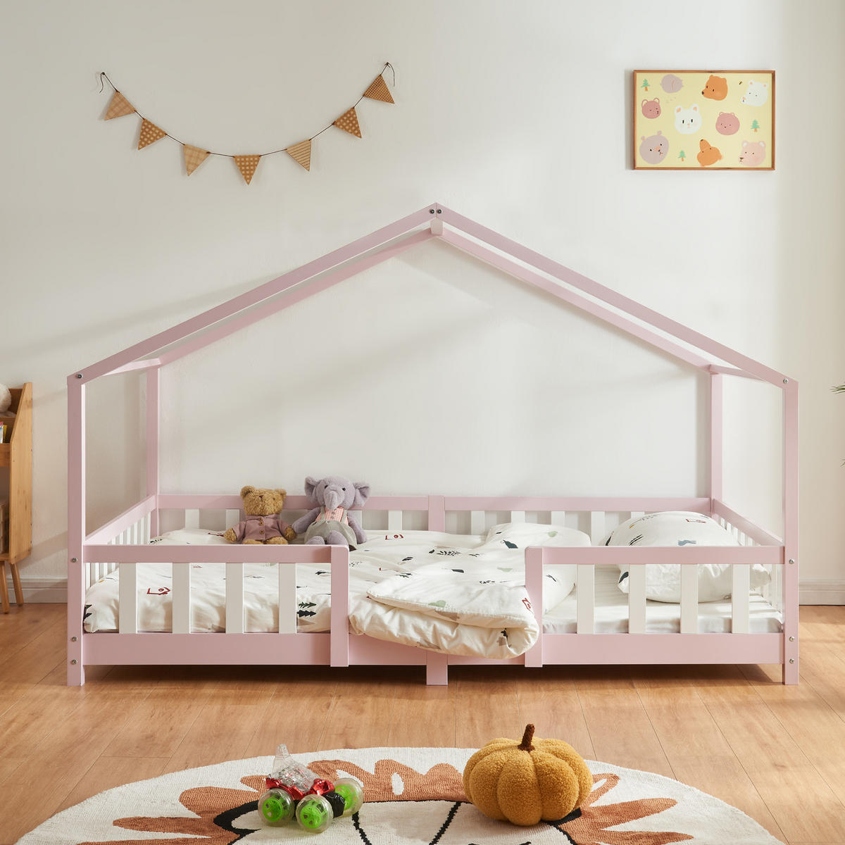 DOMÁCÍ POSTEL Treviolo - bílá/světle růžová, dřevo (120/200cm) - [en.casa]