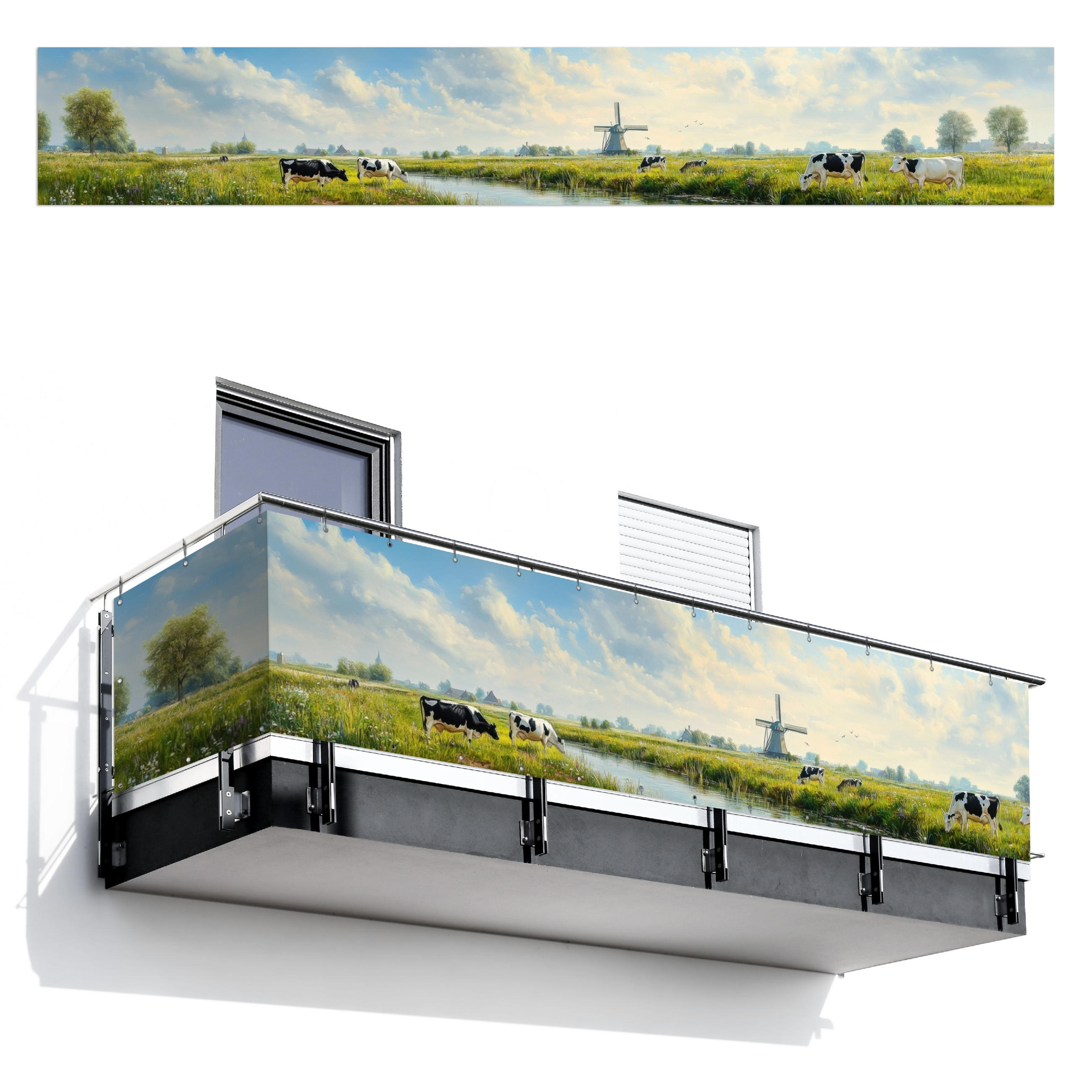 BALKON-SICHTSCHUTZ Kühe - Windmühle - Wiese - Blau - Grün, Kunststoff (500/80cm) - MuchoWow