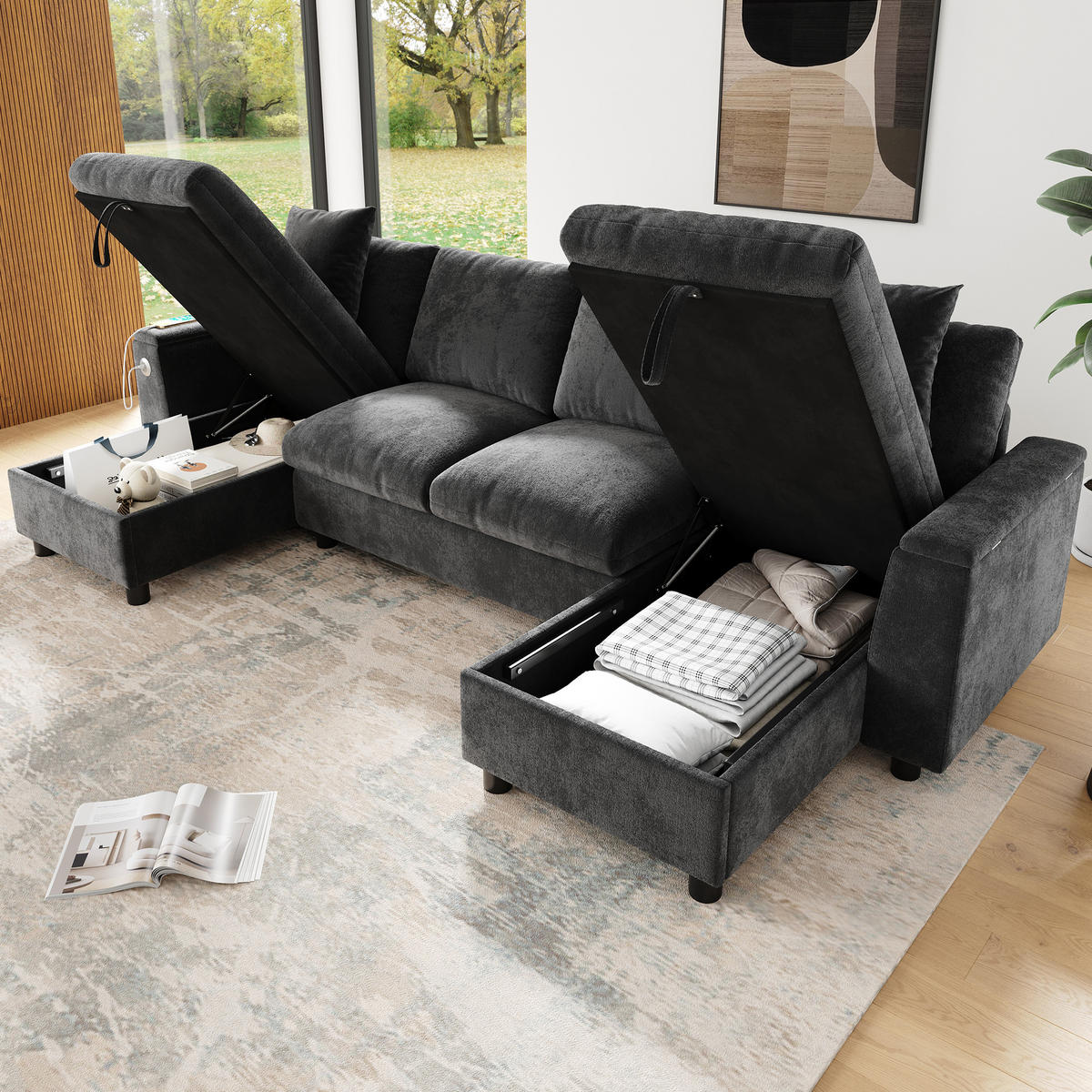 WOHNLANDSCHAFT 284/135/84 cm Grau mit aufklappbarem Stauraum, 1 USB-Anschluss und 1 Type-C-Anschluss - Grau, Textil (135/84/284cm) - Oxeza