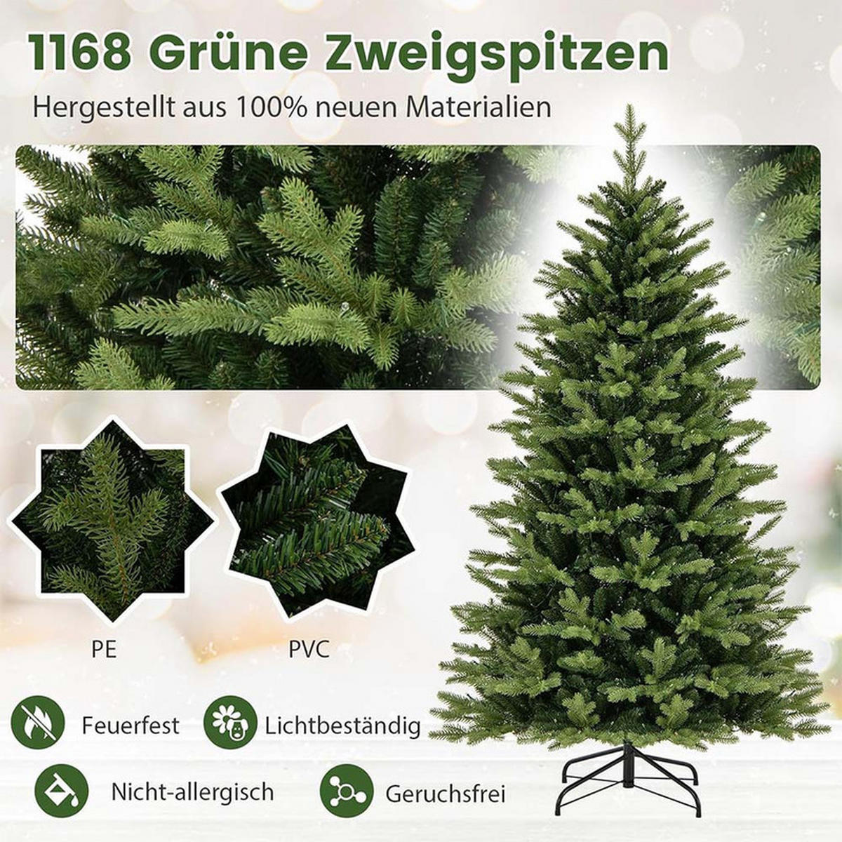 WEIHNACHTSBAUM mit 11 Lichtmodi 180cm Grün - Grün, Metall (180cm) - COSTWAY