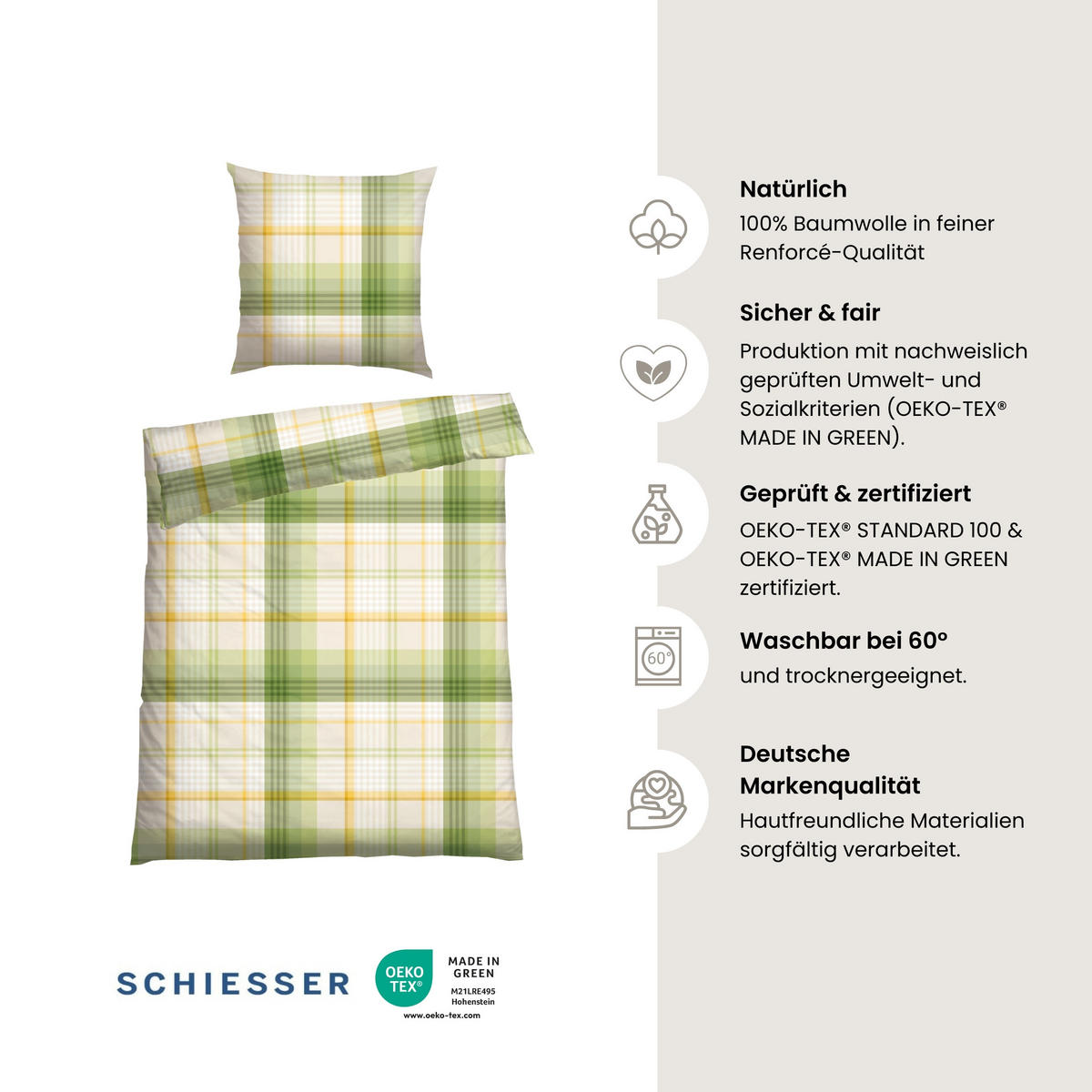 BETTWÄSCHESET Mosa - Renforcé - 2-teilig - 155 x 220 cm - Grün - Grün, Textil (155/220cm) - SCHIESSER