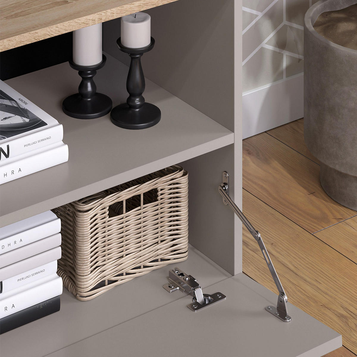 KOMMODE Wido Greige 60 x 50 cm mit klappe - Greige/Sonoma Eiche, Holzwerkstoff (60/50/40cm) - Vicco