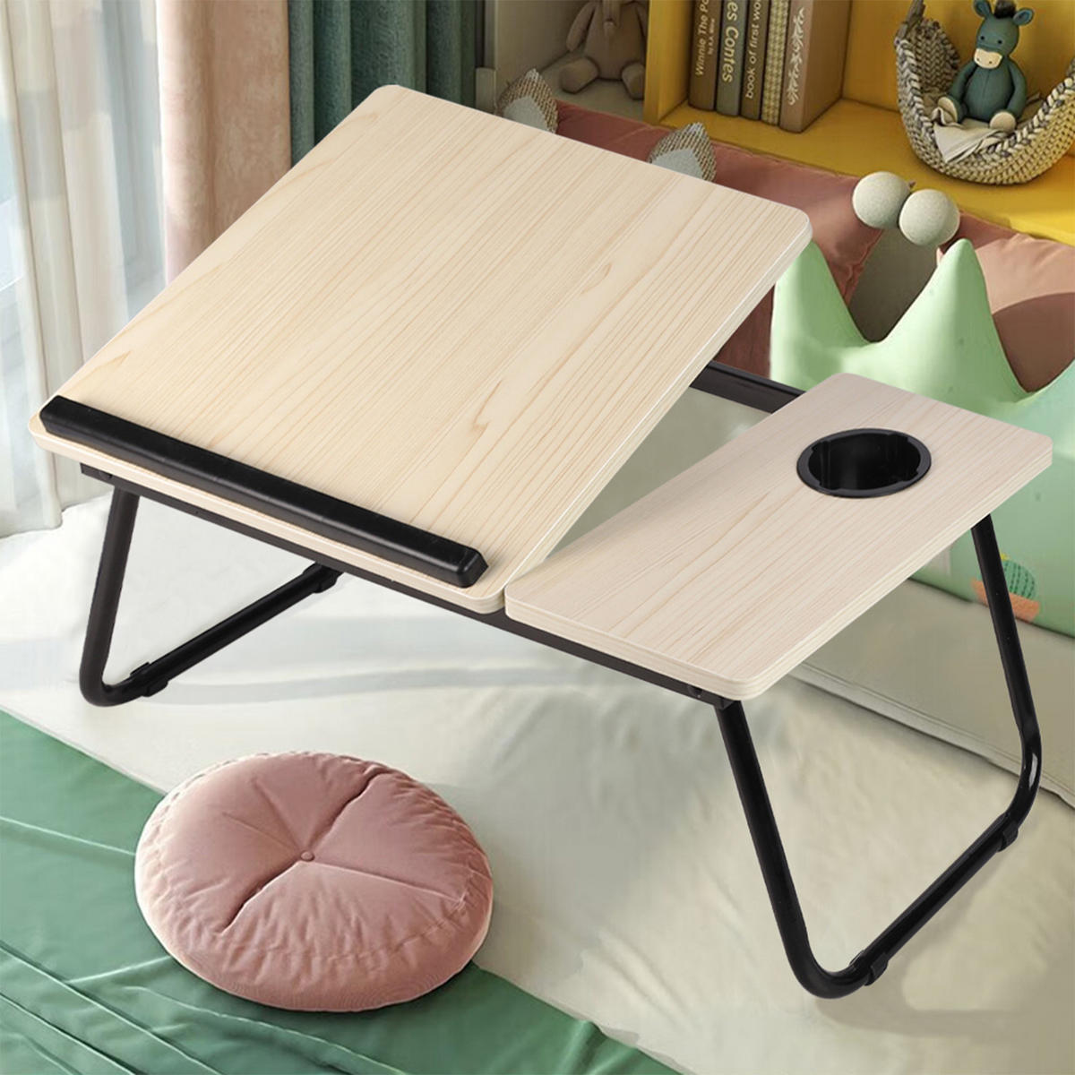 LAPTOP-BETTTISCH mit Getränkehalter Verstellbarer, klappbarer – Weiß-Ahornoptik, 56x32,5x24 cm - Naturfarben, Metall (32.5/56/24cm) - Livingandhome