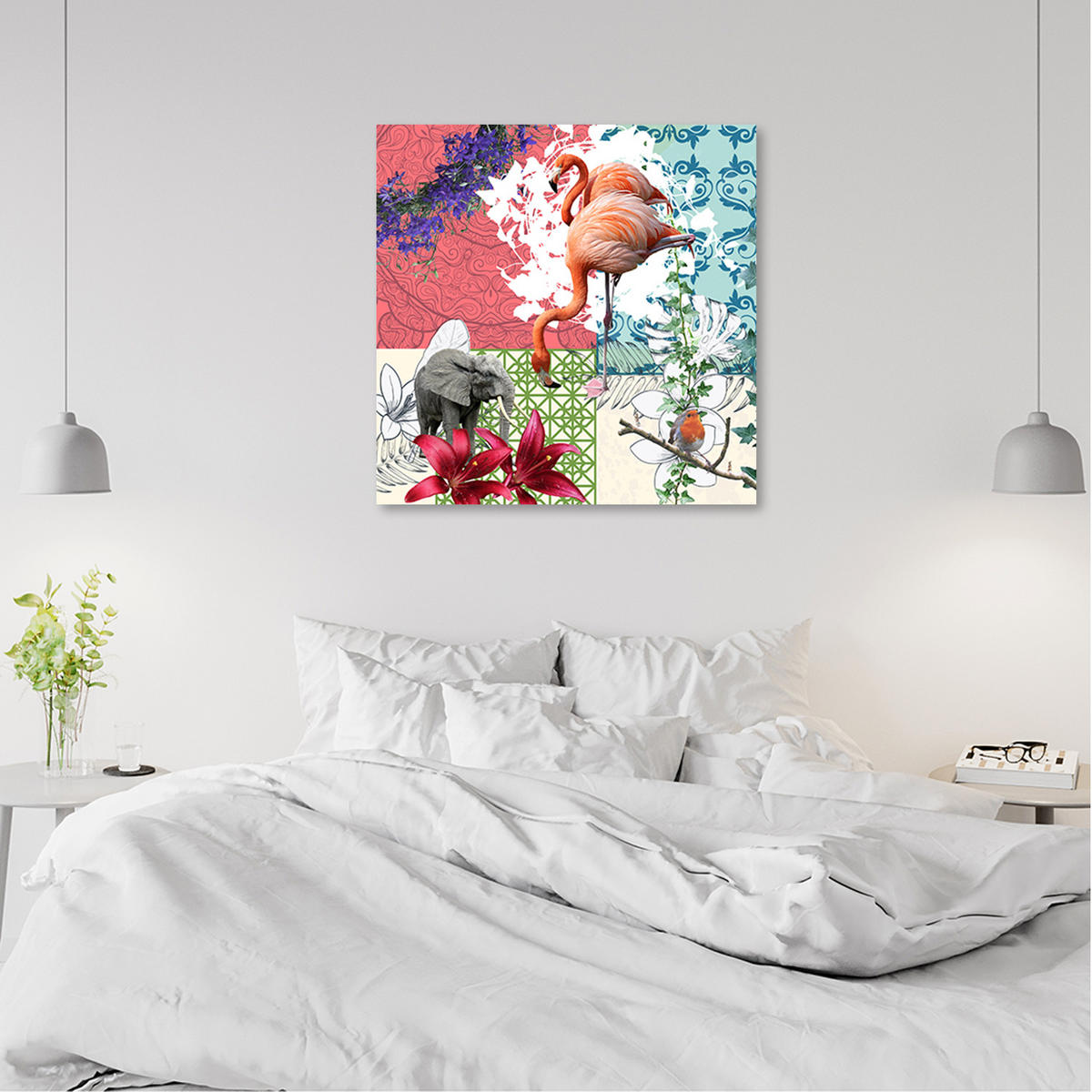 WANDBILD flamingo collage - Multicolor, Textil (50/50cm) - Feeby