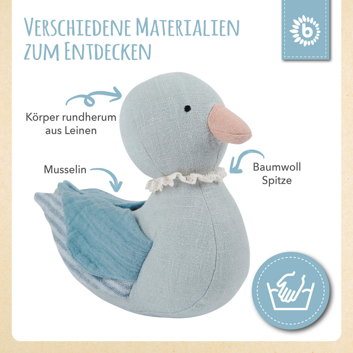 KUSCHELTIER Leinen und Musselin Ente - Blau, Textil (8/20cm) - Bieco Spielwaren