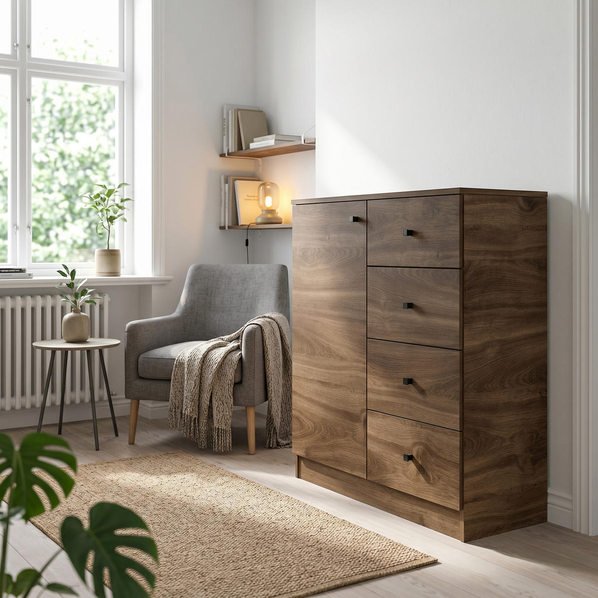 KOMMODE NESTOS 80/87/40cm mit 4 Schubladen 1 Türen Braun - Braun, Holzwerkstoff (80/87/40cm) - MASSENO