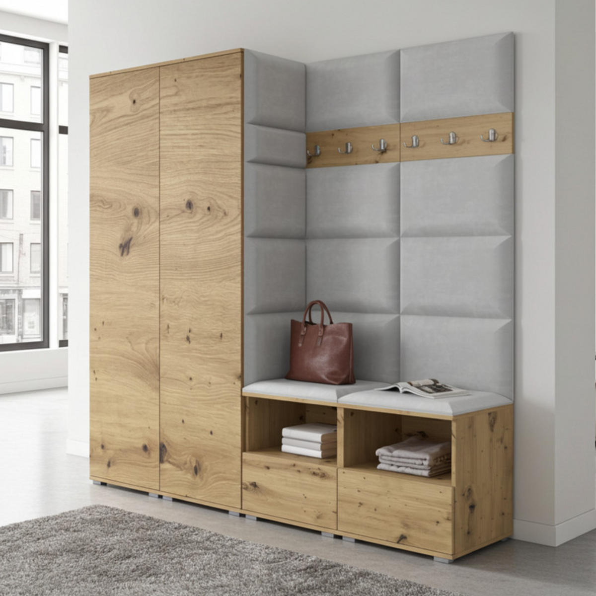 GARDEROBE NELA VI 200 cm (Kompaktgarderobe Artisan Eiche mit Sitzpolster Hellgrau 32 Schrank & Paneel) - Silberfarben/Hellgrau, Holz/Holzwerkstoff (200/187/40cm) - Ravio