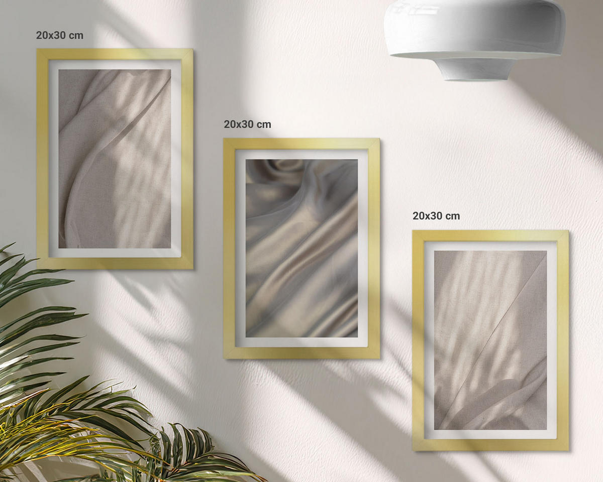 WANDBILDER 3er Set - 20x30 cm Goldrahmen - Nahaufnahme von natürlichen Boho-Stoffen - Goldfarben, Kunststoff (20/30cm) - ArtPrintCave