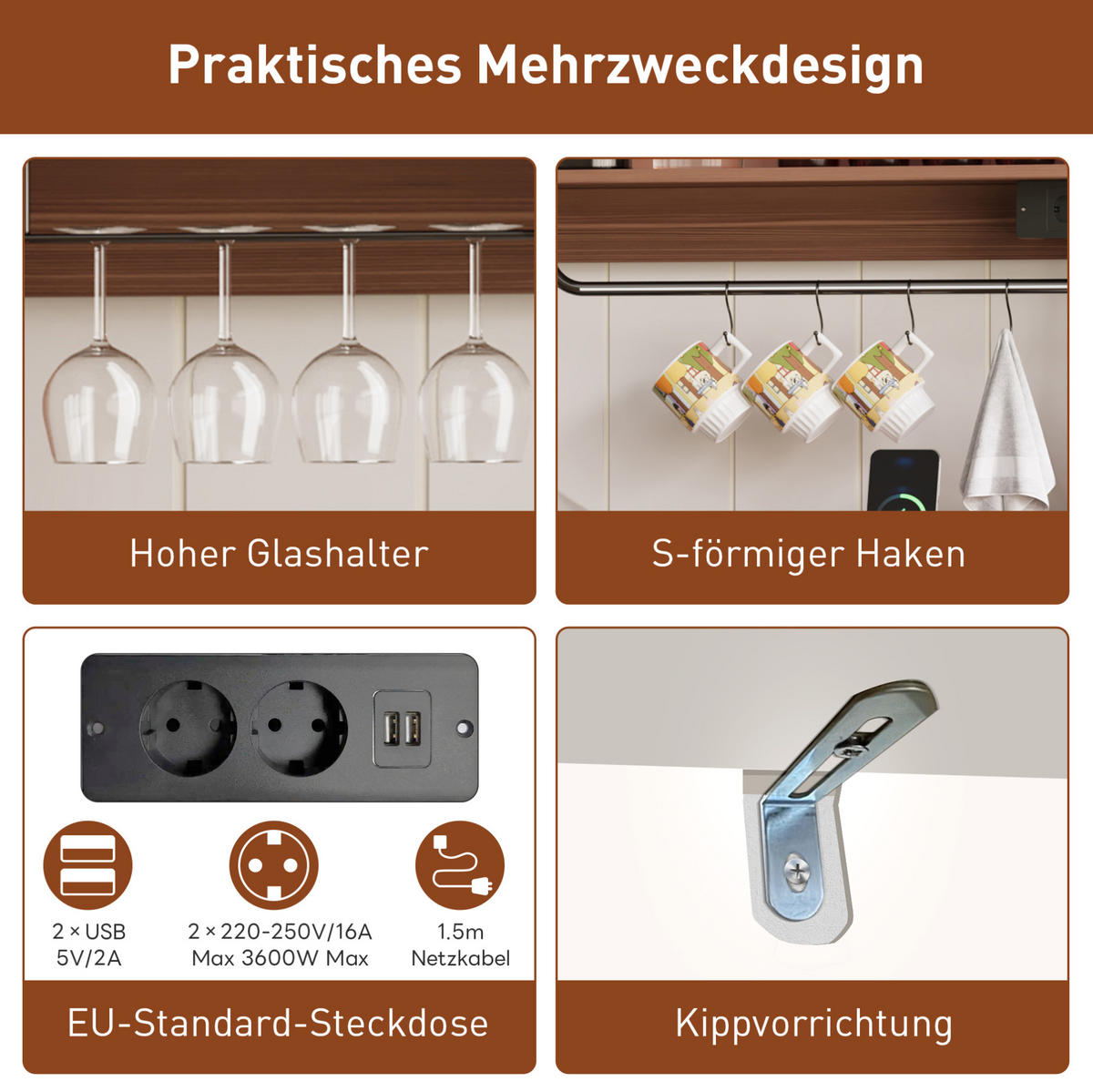 HIGHBOARD 120/40/130 cm mit Steckdosen, Schiebetüren und Gläserhalter im Landhausstil, Weiß/Natur - Weiß, Holzwerkstoff (120/130/40cm) - Redom