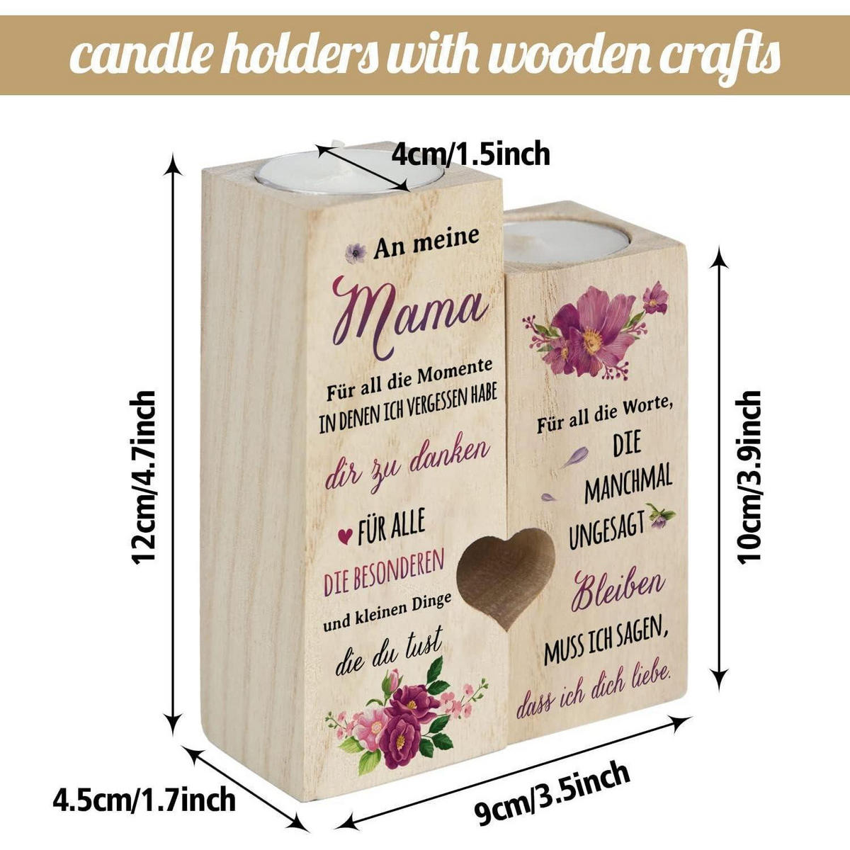 KERZENSTÄNDER Holz Mama Geschenk 12 x 10 x 4,5 cm - Beige, Holz (10/4.5/12cm)