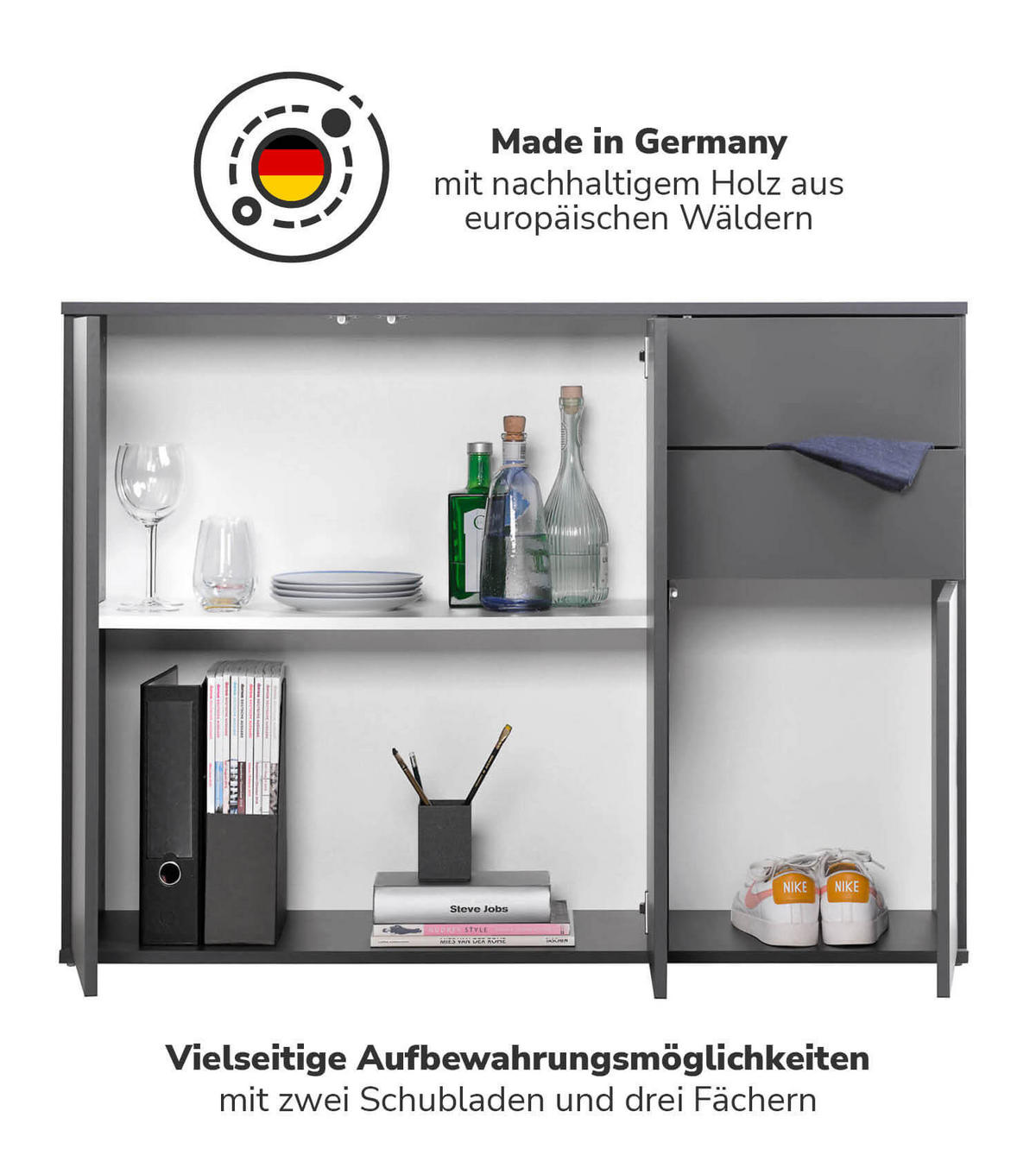 KOMMODE Die Elegante - Anthrazit, Holzwerkstoff (117/81/34cm) - Mokebo