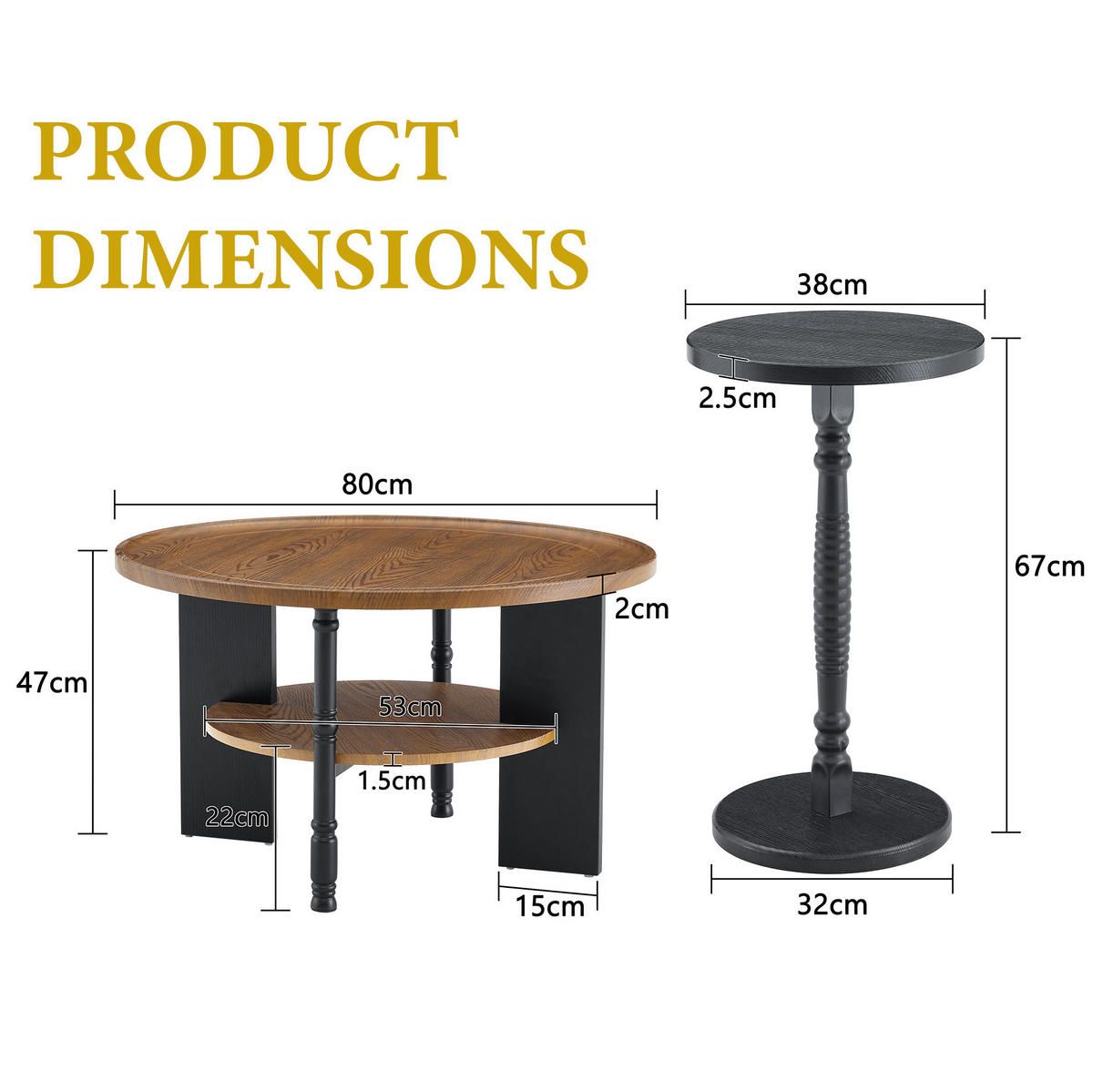COUCHTISCH-SET Ø 80/38 cm in Nussbaum/Schwarz, 2-teilig, pflegeleichte Oberfläche - Wengefarben, Holzwerkstoff (80/80/47cm) - BEAOK
