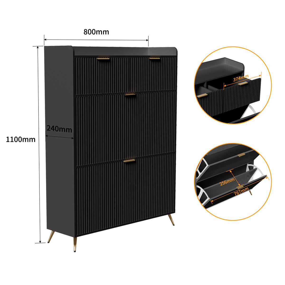 SCHUHSCHRANK 80x24x110 cm Schubladen Trennwände Metallbeine schwarz - Schwarz, Holz (80/110/24cm) - Fortuna Lai