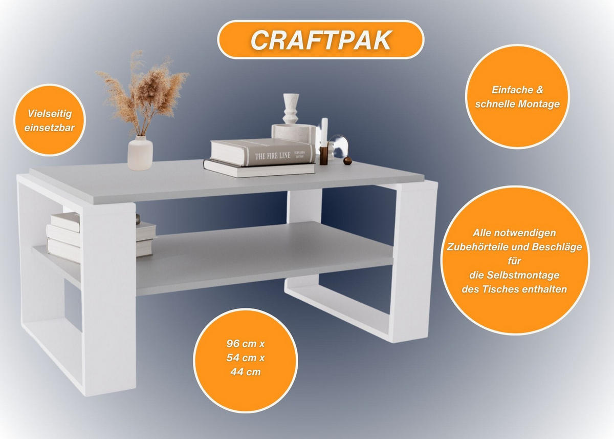 COUCHTISCH Holzwerkstoff rechteckig stabil Dunkelgrau 42/54/96cm - Dunkelgrau/Weiß, Holzwerkstoff (53.8/96/42cm) - CraftPAK