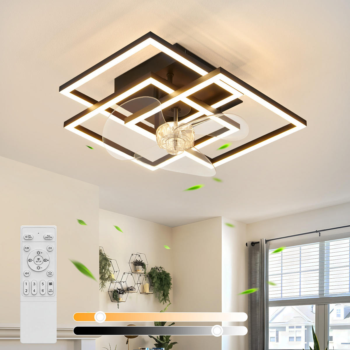 LED DECKENVENTILATOR Qalen 37/37/16.5 cm - Schwarz, Kunststoff/Metall (37/37/16.5cm) - ZMH