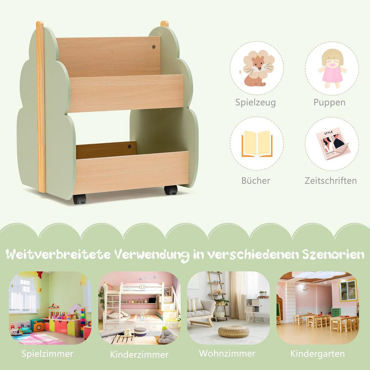 REGÁL NA KNIHY Zelený - zelená, drevo (52/63/46cm) - COSTWAY