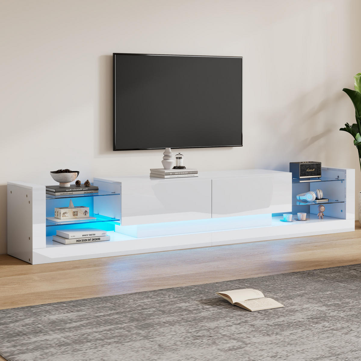 TV-SCHRANK mit LED-Beleuchtung 181 cm Hochglanz Weiß 2 Klappen - Weiß, Holzwerkstoff (38/38/181cm) - Beauniv