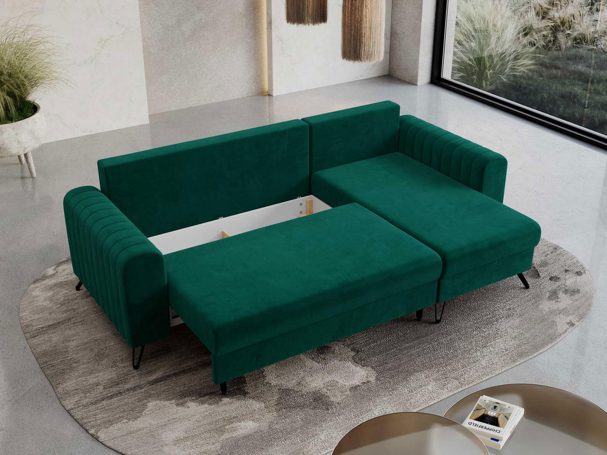 ECKSOFA Axel Velvet Dunkelgrün - Dunkelgrün/Schwarz, Textil/Metall (242/140cm) - MKS