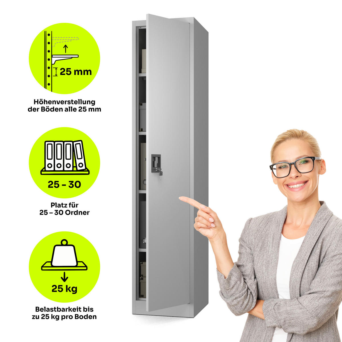 AKTENSCHRANK mit 4 Einlegeböden Hellgrau Stahl 40x185x45cm - Hellgrau, Metall (40/185/45cm) - Muralo