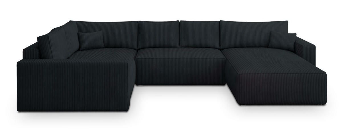 WOHNLANDSCHAFT VELAMI L-S Schwarz Kordstoff mit Schlaffunktion - Schwarz, Holz (365/83/194cm) - MASSENO