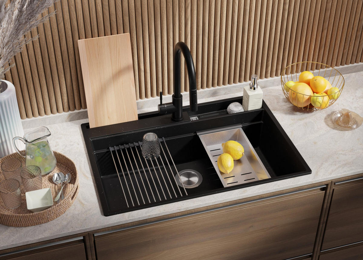 SPÜLBECKEN Oslo, 2-er set Schwarz Metallic 78/53 cm, 1 Becken + Ablauf-Set ab 80er Unterschrank - Chromfarben/Schwarz Hochglanz, Kunststoff (78/20/53cm) - Primagran