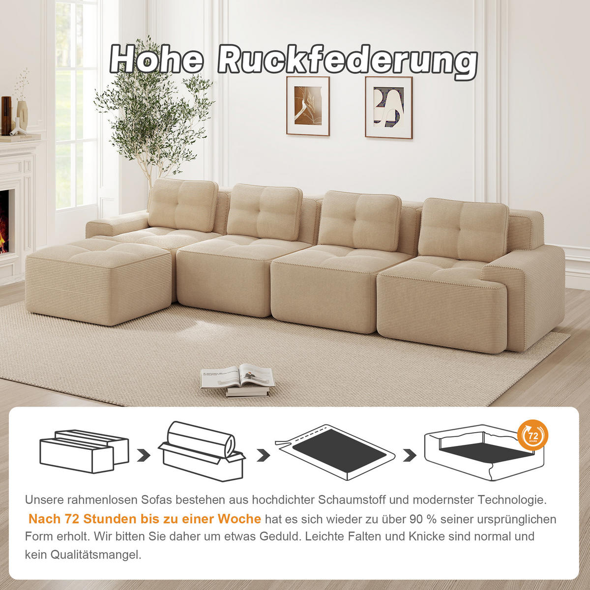 ECKSOFA 382/177/69 cm Beige Cord mit Ottoman - Beige, Textil (382/177cm) - Oxeza