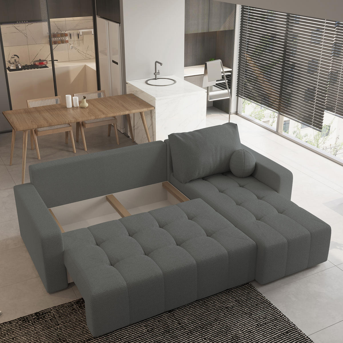 ECKSOFA VOLIRA Grau Boucle-Stoff mit Schlaffunktion - Grau, Holz (230/143cm) - MASSENO