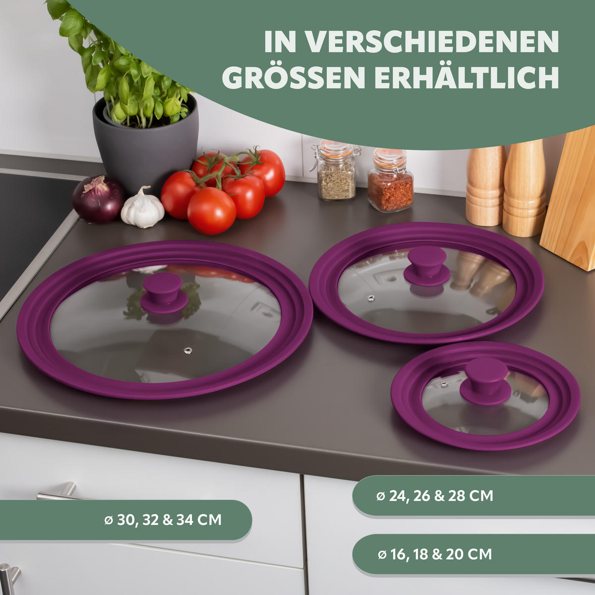 UNIVERSAL-GLASDECKEL, 30/32/34 cm, lila - Lila, Glas (34/34/6cm) - bremermann