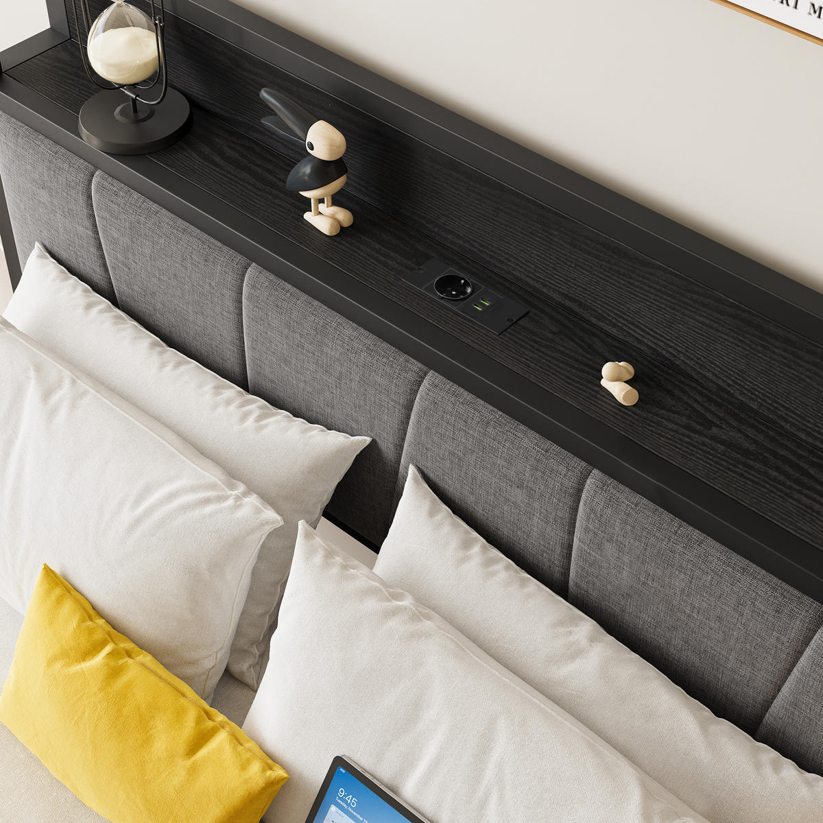 METALLBETT 140/200 mit Matratze und Gepolstertes Kopfteil Jugendbett mit Steckdose, 27 cm Bodenfreiheit - Schwarz/Grau, Holzwerkstoff/Textil (140/200cm) - STILVORA