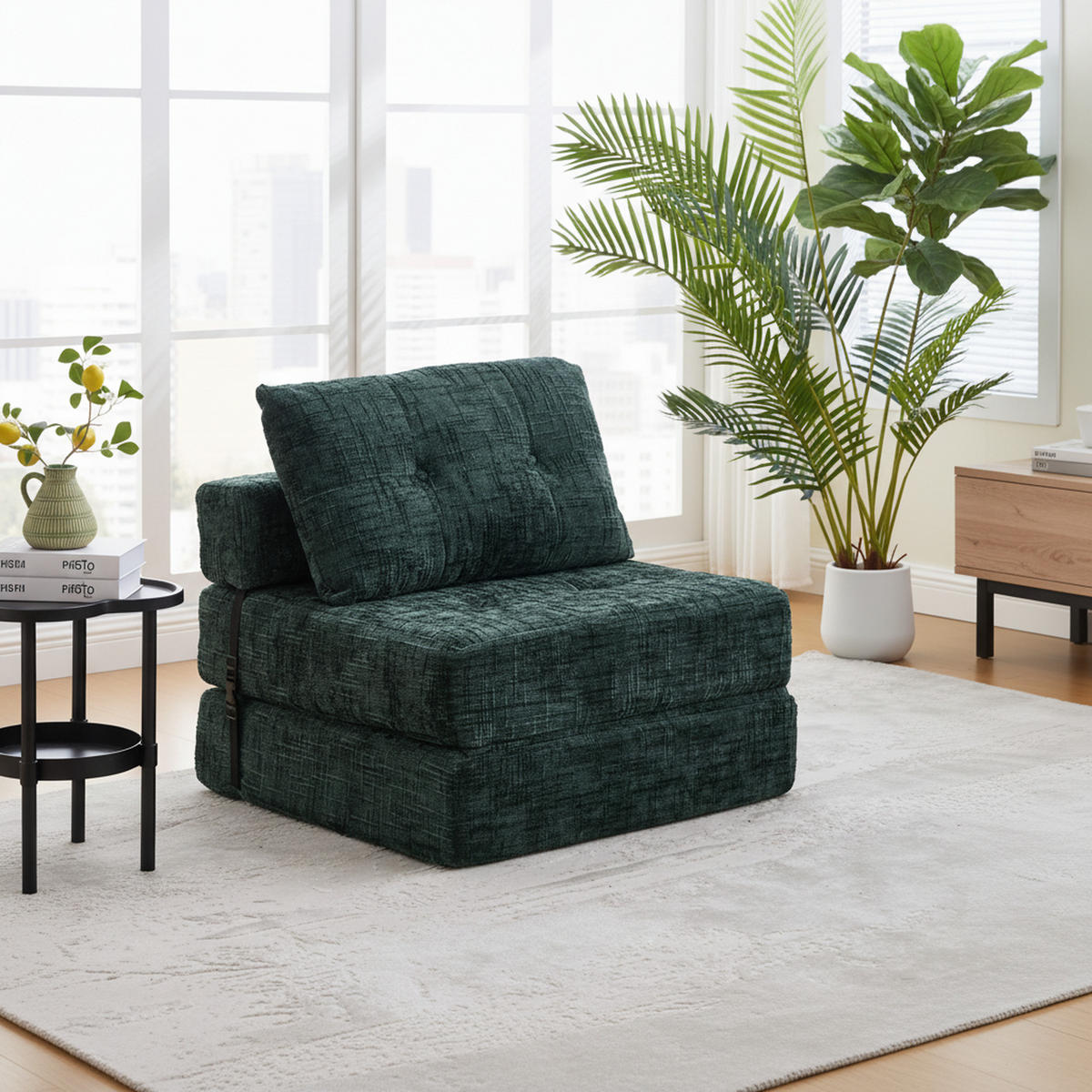 KLAPPBARER Chenille-Sessel mit Kissen, 79 x 79 x 57 cm, Grün - Dunkelgrün, Textil (79/57/79cm) - Urban Meuble