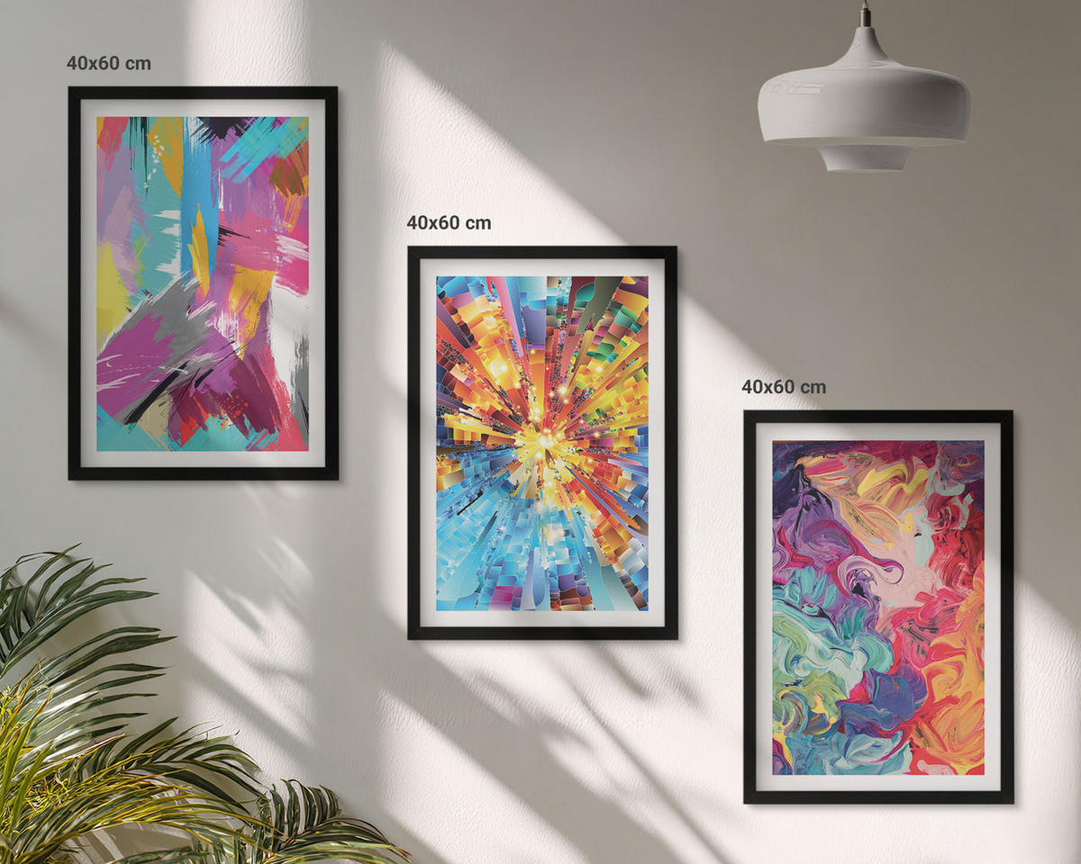 BILDER SET 3er Set - 40x60 cm Schwarzer Rahmen - Bunte abstrakte Farbmuster - Schwarz, Kunststoff (40/60cm) - TULUP