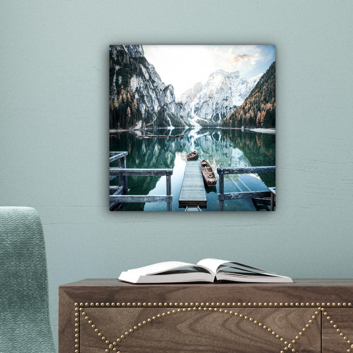 LEINWANDBILD Natur - Berge - Schnee - Wald - Boot 20x20 cm - Hellgrün, Textil (20/20cm) - MuchoWow