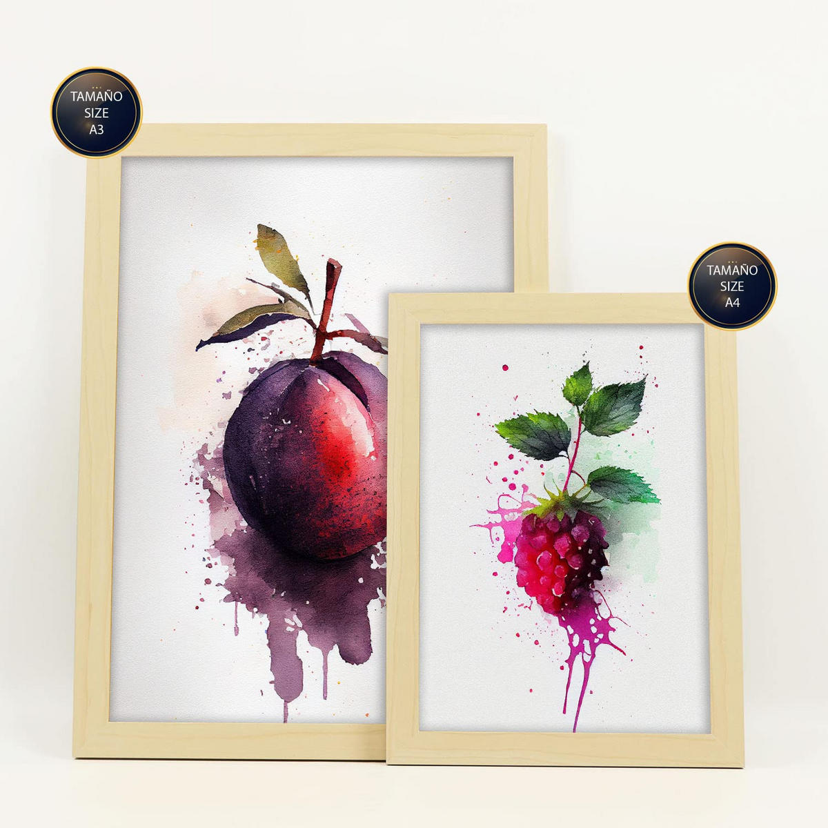 POSTER Set Mit 6 Lila Früchte Plakate Von Obst Gemüse & Gesunden Lebensmitteln Im Aquarell Kunst Auf Reinweißen A3 & A4 Rahmen Aus Hellem Holz - Beige, Papier (29/3cm) - Nacnic