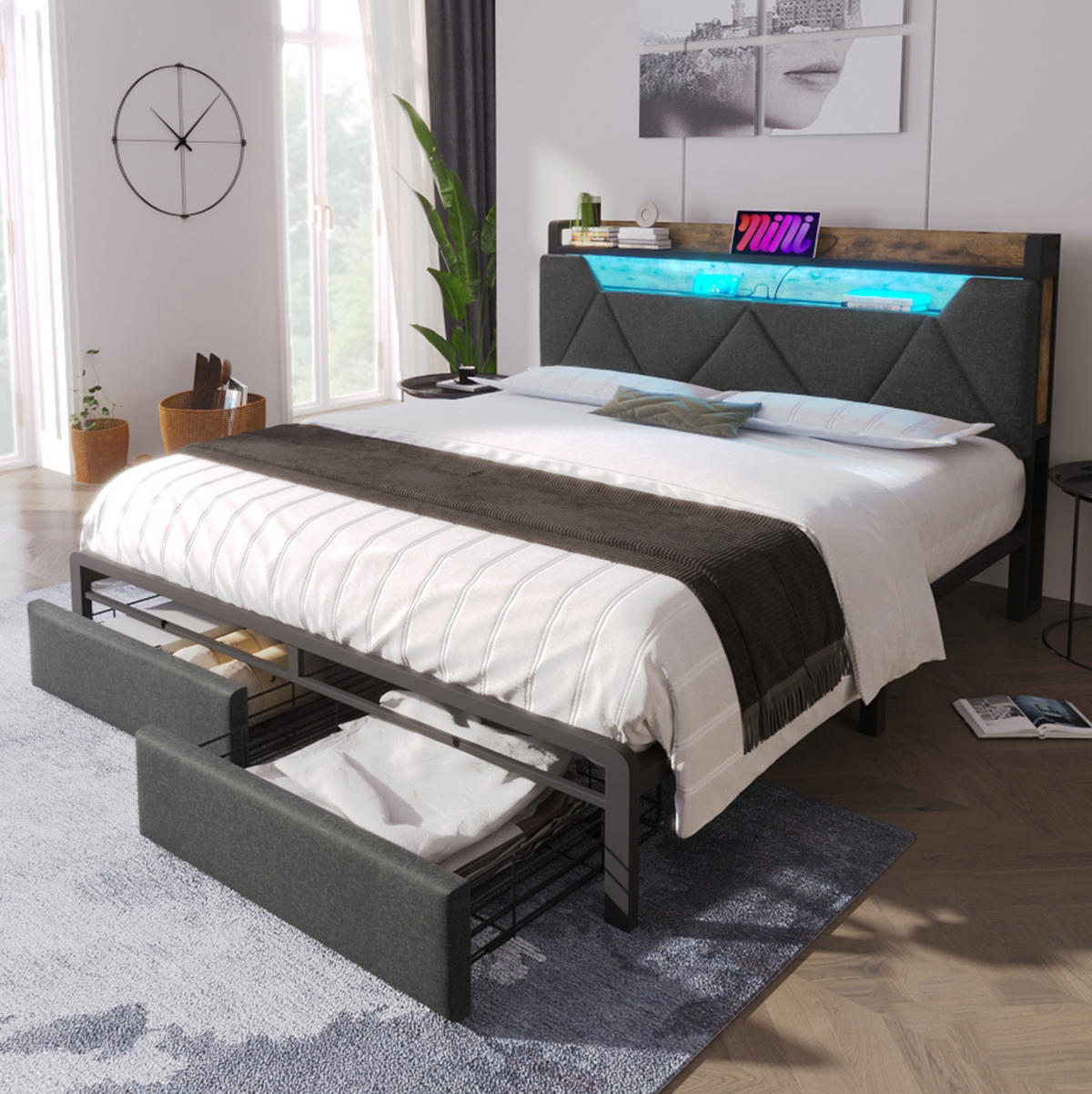 POLSTERBETT aus Leinen 160x200 cm Grau mit Matratze, LED, USB-C, Stauraumkopfteil und Schubladen - Grau, Textil (160/200cm) - IVMEU
