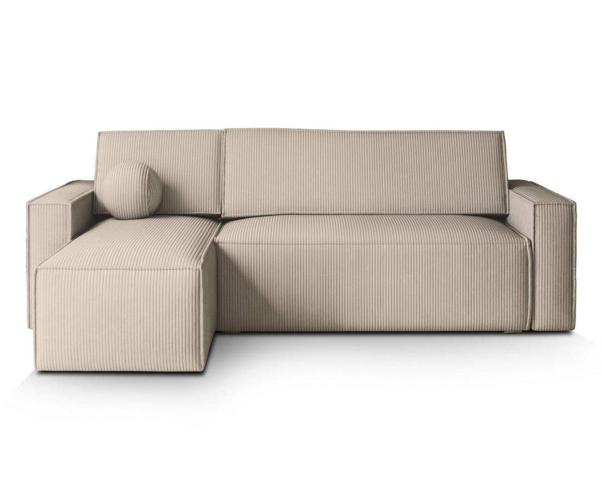 ECKSOFA RAVELO P Creme Kordstoff mit Schlaffunktion - Creme, Holz (240/140cm) - MASSENO