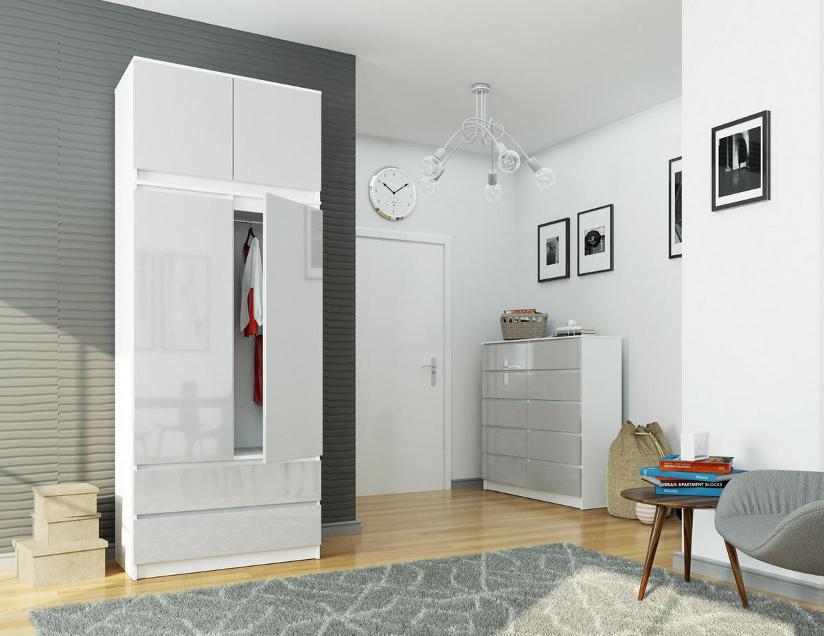 KLEIDERSCHRANK Weiß, Hellgrau Glanz 90x51x234 cm - Hellgrau/Weiß, Holzwerkstoff (90/234/51cm) - Akord