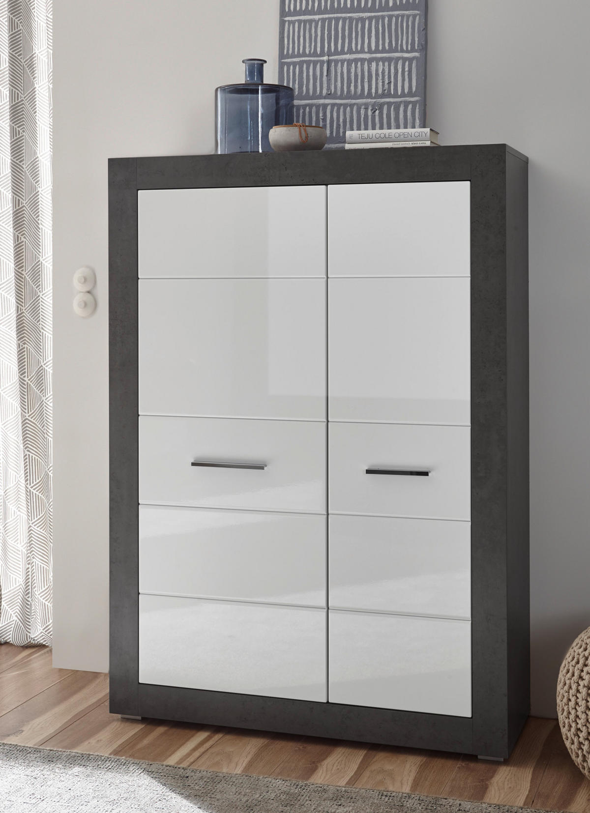 HIGHBOARD weiß Hochglanz, grau Stone 100 cm, Kommode mit 6 Fächern - Chromfarben/Weiß Hochglanz, Holzwerkstoff/Kunststoff (100/142/35cm) - Furn.Design