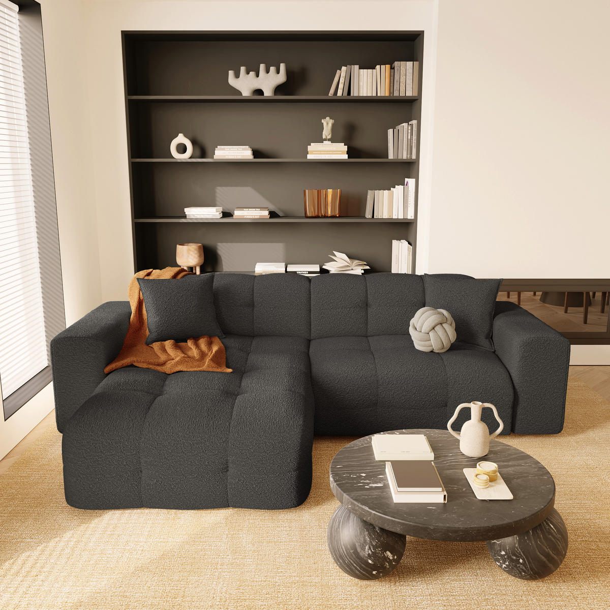 ECKSOFA LINKS Bouclé-Stoff Graphitgrau 230cm - Graphitfarben/Grau, Textil (155/230cm) - Sia Home