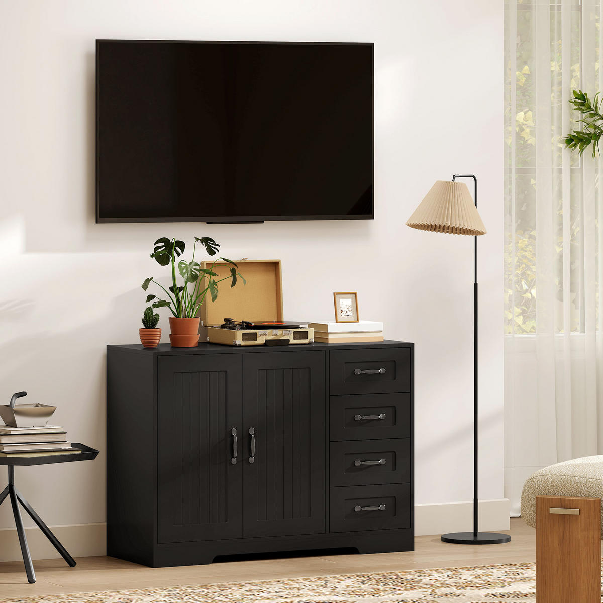 SIDEBOARD, Beistellschrank mit 4 Schubladen, verstellbarer Einlegeboden, Schwarz - Schwarz, Holzwerkstoff/Metall (40/76/105cm) - HOMCOM