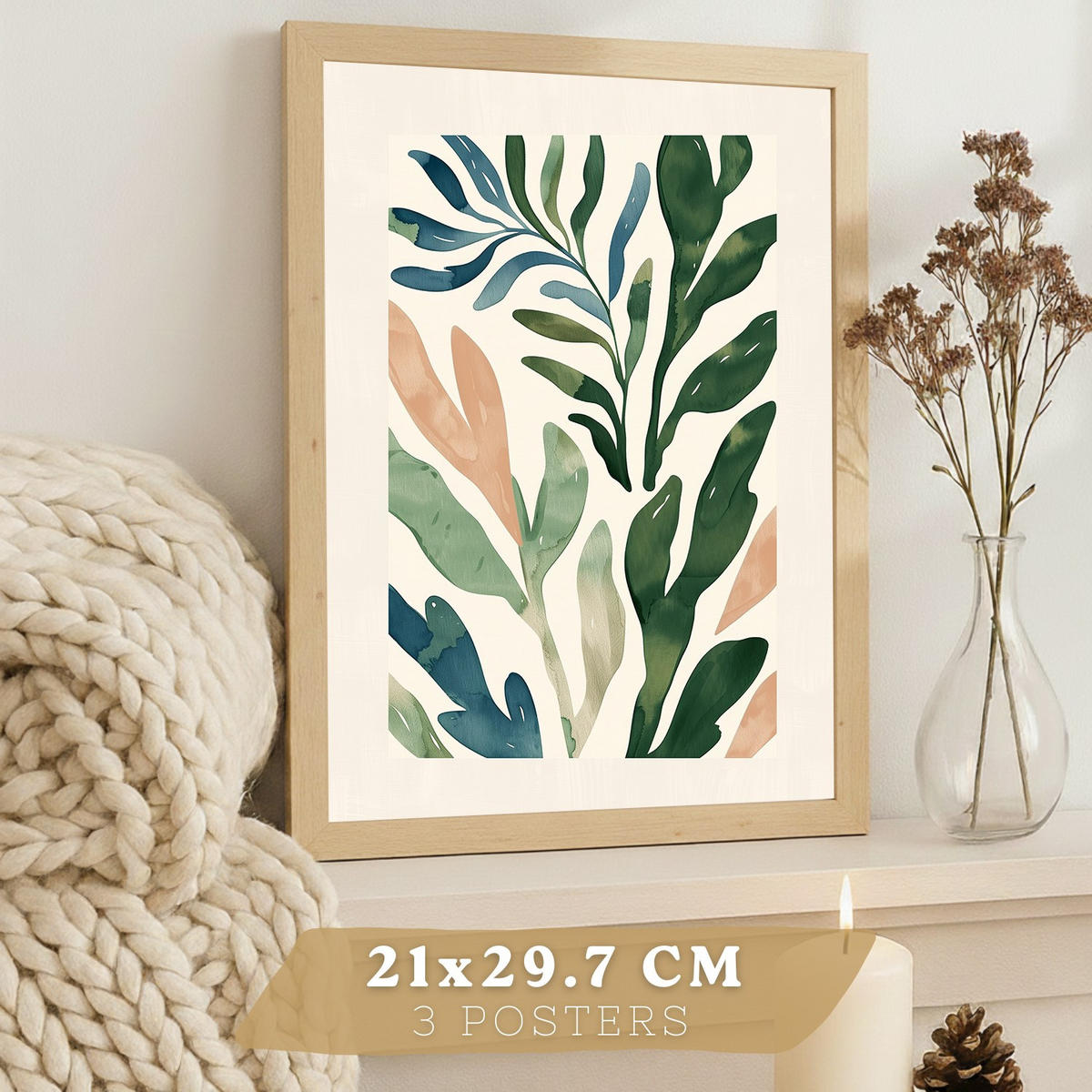 PLAKAT Sada 3 Zelené rostliny A3 bez rámu - čirá, papír (29.7/1/42cm) - Nacnic
