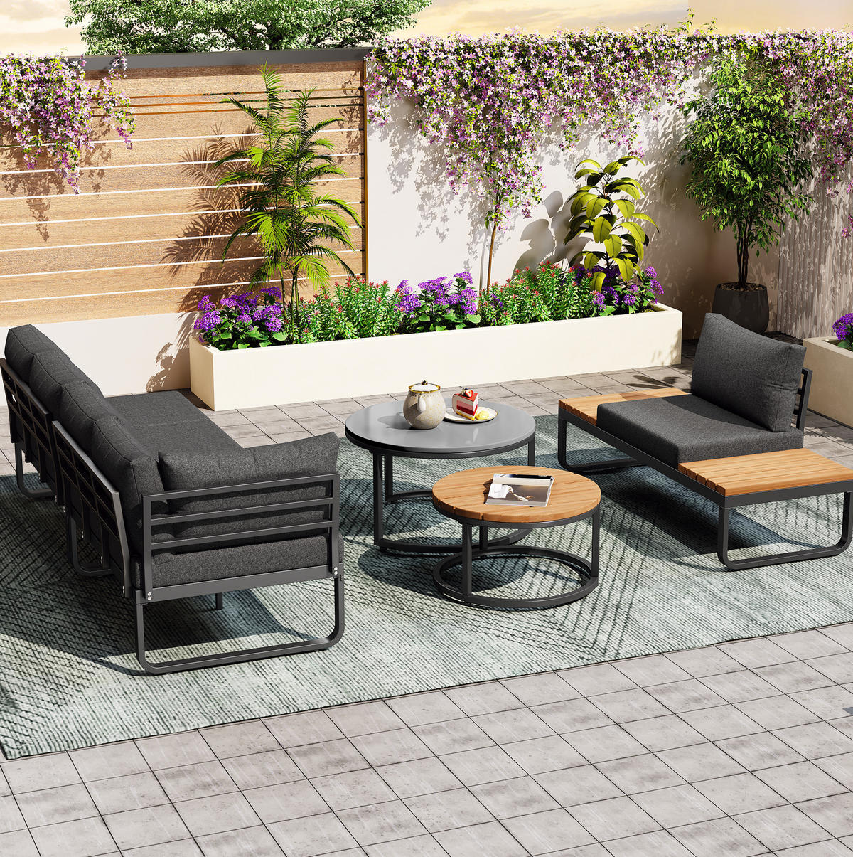 GARTENMÖBEL-SET 123,5/58/66 cm mit 2 Sofas, Sessel, 2 Tischen, verzinktem Eisen und verstellbaren Füßen, Grau - Grau, Metall - Redom