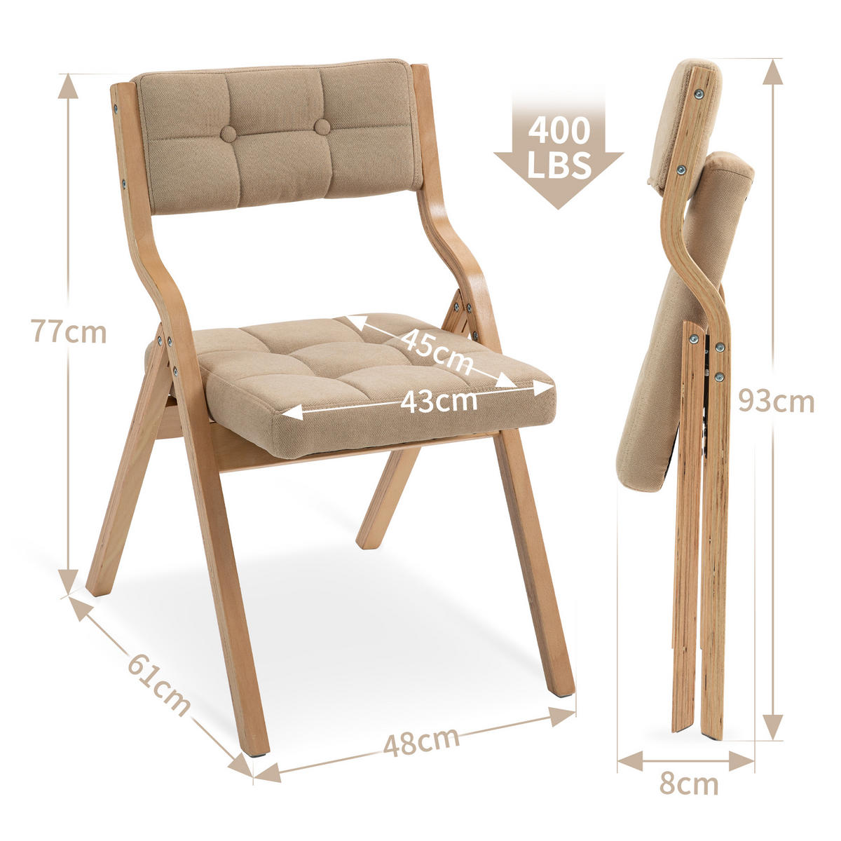 KLAPPSTUHL gepolstert klappbar Holz Khaki 2er-Set - Braun, Holz (48/77/61cm) - Meubliv