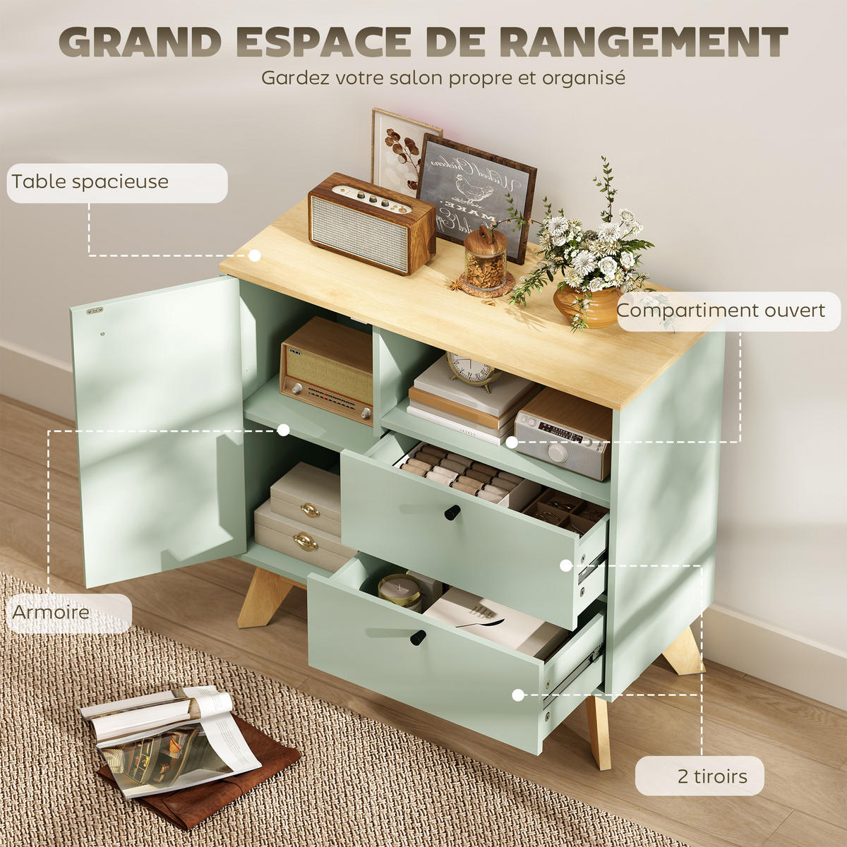SIDEBOARD Hellgrün und Eiche-Nachbildung, 1 Tür, 2 Schubladen, 80/35/76,3 cm - Hellgrün, Holz (80/76.3/35cm) - PANGIVO