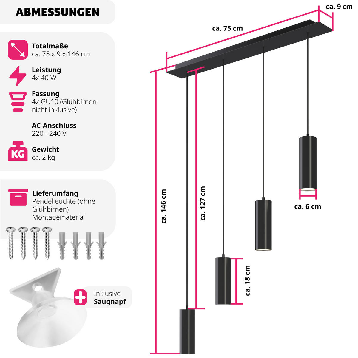 HÄNGELEUCHTE Lumea,75 x 9 x 146 cm ,schwarz - Schwarz, Metall (9/75/146cm) - tectake