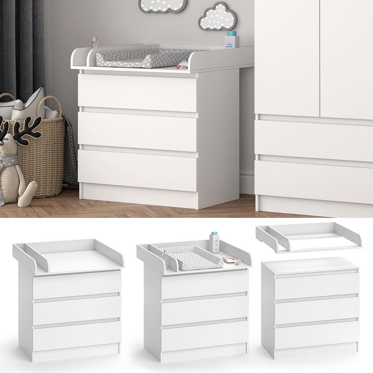 WICKELKOMMODE Emma Weiß 80 x 85.4 cm mit 3 Schubladen - Weiß, Holzwerkstoff (80/87/76cm) - Vicco